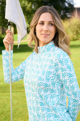 Serenity Long Sleeve Ladies Golf Zip Top - Floating Palms White