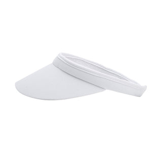 White Clip ladies golf visor constructed with quick-drying fabrics. The visor comes in a one size fits all design which clips around your head to hold it securely in place. It also features a concealed magnet  in peak with a hand enamelled lace effect golf ball marker attached, making it a lovely golf accessory, golf gift! The headband features a soft lined absorbent towel.