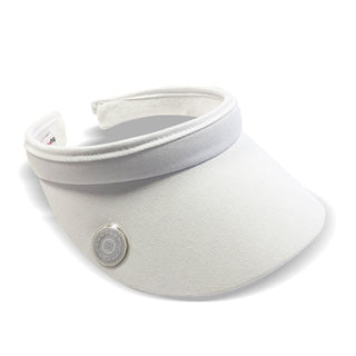 White Clip ladies golf visor constructed with quick-drying fabrics. The visor comes in a one size fits all design which clips around your head to hold it securely in place. It also features a concealed magnet  in peak with a hand enamelled lace effect golf ball marker attached, making it a lovely golf accessory, golf gift! The headband features a soft lined absorbent towel.