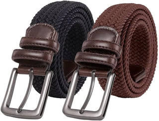 2-Pack Men's Stretch Belt | Breathable | Stretch | 2 Pack Woven Belts | Comfortable | Durable | Holeless for Effortless Style | Casualwear | Workwear | Holiday Belt - Navy & Brown