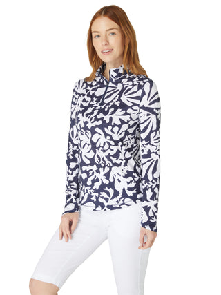 Callaway Golf Abstract Floral Sun Protection Ladies Long Sleeve Polo - Peacoat