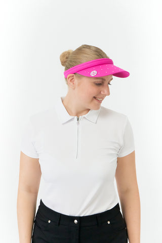 Pink Clip ladies golf visor,  100% polyester with quick-drying fabrics. The visor comes in a one size fits all design which clips around your head to hold it securely in place. It features a concealed magnet in in the strong curved, crystal detailed peak with a hand enameled flower look golf ball marker attached.  The headband features a soft lined absorbent towel.