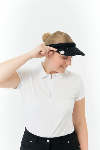 Black Clip ladies golf visor,  100% polyester with quick-drying fabrics. The visor comes in a one size fits all design which clips around your head to hold it securely in place. It features a concealed magnet in in the strong curved, crystal detailed peak with a hand enameled flower look golf ball marker attached.  The headband features a soft lined absorbent towel.