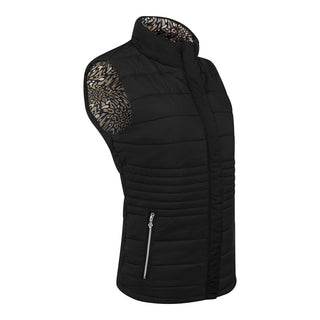 The Pure Golf Eve reversible ladies gilet for golf is insulated, winter-weight, patterned and reversible. It has been Insulated for warmth without being bulky. It has a unique animal print in wild truffle,  on one side and black on the other for versatility of wear. It has pockets on both sides and two-way zippers. The flattering quilting style and fit enhances your silhouette. The colors in this  this piece are Cappuccino,  Champagne and black.  