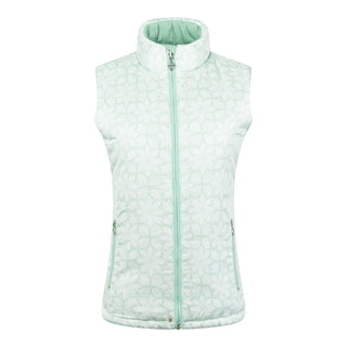 Frosted Sage Pure Golf Eve reversible ladies gilet for golf is insulated, winter-weight, patterned and reversible. It has been Insulated for warmth without being bulky. It has a unique frosted field, floral print  on one side and plain frosted sage on the other for versatility of wear. It has pockets on both sides and two-way zippers. The flattering quilting style and fit enhances your silhouette. 