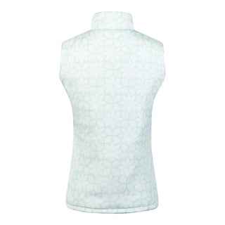 Frosted Sage Pure Golf Eve reversible ladies gilet for golf is insulated, winter-weight, patterned and reversible. It has been Insulated for warmth without being bulky. It has a unique frosted field, floral print  on one side and plain frosted sage on the other for versatility of wear. It has pockets on both sides and two-way zippers. The flattering quilting style and fit enhances your silhouette. 