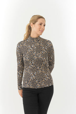 Pure Golf Arusha is a long-sleeved ladies winter weight golf top made from a super soft brushed fabric. It is two tone with a unique animal print in a soft cappuccino color with a high neckline.   A quick dry, made from UPF35, 4-way stretch, anti-crease fabric for ultimate comfort and fit. 