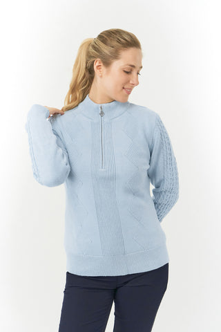 Pure Golf Sorrell Cable Knit Lined Quarter Zip Jumper - Powder Blue