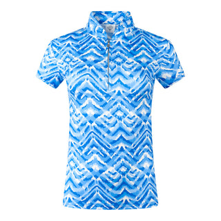 The Pure Golf Rise Santorini Skies Cap Sleeve product shot of the  Ladies' Golf Polo Shirt which features a captivating Ikat-inspired design in shades of blue and white. With a regular fit and 4-way stretch, it provides both comfort and a flattering shape for all body types. The mandarin collar adds an elegant touch. Made from 95% polyester and 5% spandex, it offers anti-crease, anti-static, and quick-dry properties, along with UPF 50+ sun protection.