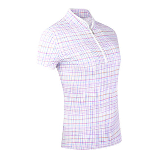 The Pure Golf Rise cap sleeve ladies' golf polo shirt in Pastel Score  features soft and refreshing pastel shades which give you a springtime vibe. With a regular fit and 4-way stretch, it ensures comfort and a flattering shape for all body types. The mandarin collar adds a touch of elegance. Crafted from 95% polyester and 5% spandex, it offers anti-crease, anti-static, and quick-dry properties, along with UPF 50+ sun protection. 