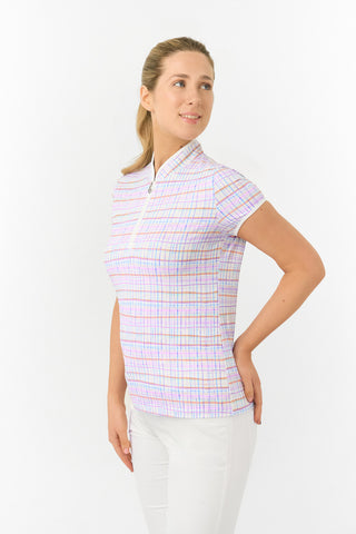 The model shot highlights the front of the Pure Golf Rise Pastel Score Cap Sleeve Ladies' Golf Polo Shirt, featuring refreshing pastel shades that capture a springtime vibe. With a regular fit and 4-way stretch, it offers  a flattering shape for all body types. The mandarin collar adds an elegant touch. Made from 95% polyester and 5% spandex, it provides anti-crease, anti-static, and quick-dry properties, along with UPF 50+ sun protection. 