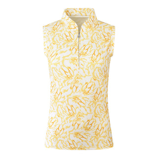 The Pure Golf product shot of the Rise Sleeveless ladies' polo shirt boasting a striking Sun Kissed print with warm honey tones. Designed with a regular fit, it offers a 4-way stretch for comfort and a flattering shape on all body types. The stylish Mandarin collar adds a fashionable touch. This polo is made from 95% Polyester and 5% Spandex, offering anti-crease, anti-static, and quick-dry properties, along with UPF 50+ sun protection.