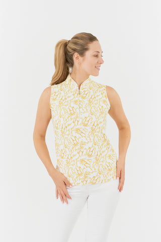 This Pure Golf Rise Sleeveless Ladies' Polo Shirt shot from the front, featuring a vibrant Sun Kissed print in warm honey tones. Crafted with a regular fit, it offers 4-way stretch for comfort and a flattering silhouette on all body types. The chic Mandarin collar adds a touch of style. Made from 95% Polyester and 5% Spandex, this polo provides anti-crease, anti-static, and quick-dry properties, along with UPF 50+ sun protection.