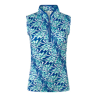 The Pure Golf Rise Sleeveless ladies' polo shirt product shot showcasing prints with a summery aquatic essence of multi-blue tones. Paired with Yale Navy Skort. Designed with a regular fit, it offers a 4-way stretch for comfort and a flattering shape on all body types. The stylish Mandarin collar adds a fashionable touch. This polo is made from 95% Polyester and 5% Spandex, offering anti-crease, anti-static, and quick-dry properties, along with UPF 50+ sun protection.