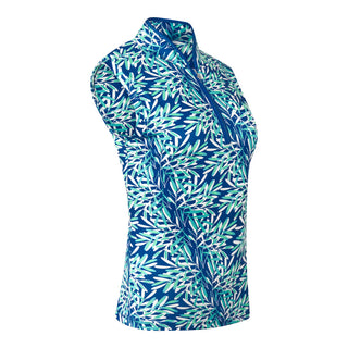 The Pure Golf Rise Sleeveless Women's Polo Shirt features a product shot showcasing prints that capture a summery aquatic essence in a blend of blue tones. Paired with the Yale Navy Skort, it is designed with a regular fit and offers 4-way stretch for both comfort and a flattering shape on all body types. The stylish Mandarin collar adds a fashionable touch. Made from 95% Polyester and 5% Spandex, this polo provides anti-crease, anti-static, and quick-dry benefits, as well as UPF 50+ sun protection.