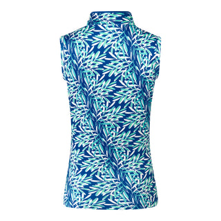 The Pure Golf Rise Sleeveless ladies' polo shirt product shot showcases the back of the shirt featuring prints with a summery aquatic essence of multi-blue tones. Paired with Yale Navy Skort. Designed with a regular fit, it offers a 4-way stretch for comfort and a flattering shape on all body types. The stylish Mandarin collar adds a fashionable touch. This polo is made from 95% Polyester and 5% Spandex, offering anti-crease, anti-static, and quick-dry properties, along with UPF 50+ sun protection.