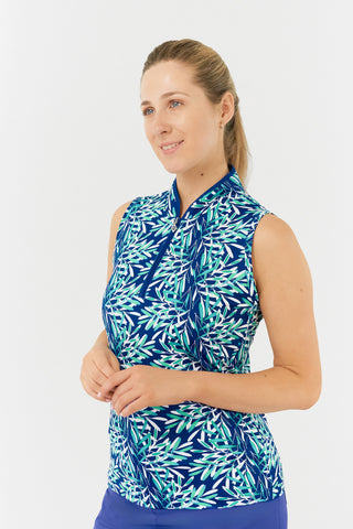 The Pure Golf Rise Sleeveless Women's Polo Shirt showcases a front view with prints that capture a summery aquatic vibe in various shades of blue. Featuring a regular fit, the polo offers 4-way stretch for comfort and a flattering silhouette on all body types. The refined Mandarin collar adds a stylish touch. Made from 95% Polyester and 5% Spandex, it provides anti-crease, anti-static, and quick-dry features, along with UPF 50+ sun protection.