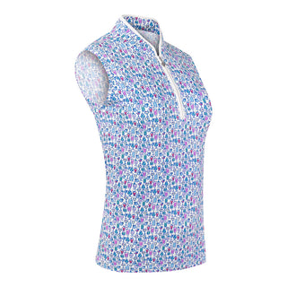 The Pure Golf Rise Over Eighteen Sleeveless Ladies' Golf Polo Shirt product shot, featuring the "Over Eighteen" print with subtle cocktail motifs in soft hues of blue, lilac, and pink. The shirt is designed with a mid zip and white trim, providing a regular fit and 4-way stretch for comfort on all body types. A mandarin collar adds a touch of sophistication. Crafted from 95% polyester and 5% spandex, it offers anti-crease, anti-static, and quick-dry benefits, as well as UPF 50+ sun protection.