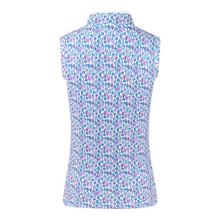 The Pure Golf Rise Over Eighteen Sleeveless Ladies' Golf Polo Shirt product shot highlighting the back of our “Over Eighteen” print with cocktail motifs in a subtle scale, blending shades of blues, lilacs, and pinks. Designed with a regular fit and 4-way stretch, it ensures comfort and a flattering shape for all body types. The mandarin collar adds an elegant touch. Made from 95% polyester and 5% spandex, this polo offers anti-crease, anti-static, and quick-dry properties, along with UPF 50+ sun protection