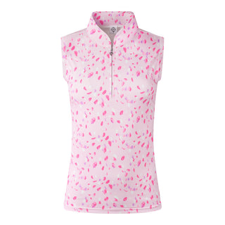 The Pure Golf rise sleeveless ladies' golf polo shirt in Soft Sakura product shot showcases a subtle print of lilac, pink and white petals on a light pink backdrop. Designed with a regular fit, it offers a 4-way stretch for comfort and a flattering shape on all body types. The mandarin collar offers adds a touch of elegance. Made from 95% Polyester and 5% Spandex, offering anti-crease, anti-static, and quick-dry properties, along with UPF 50+ sun protection. 