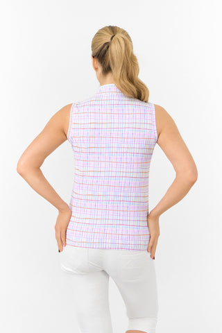 The Pure Golf Rise Pastel Score Sleeveless Ladies' Golf Polo Shirt, modeled from the back, features soft, refreshing pastel shades that evoke a springtime feel. Designed with a regular fit and 4-way stretch, it ensures comfort and a flattering silhouette for all body types. The mandarin collar adds a touch of elegance. Made from 95% polyester and 5% spandex, this polo offers anti-crease, anti-static, and quick-dry properties, along with UPF 50+ sun protection. 