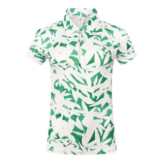 The Pure Golf Amity product shot  showing the short sleeve ladies golf polo shirt with botanical print in emerald green and white. The polo shirt is a regular fit and has a 4 way stretch which ensures it is comfortable and flattering for all body types. It boasts a traditional collar for a classic and stylish look. The polo shirt is anti-crease, anti-static and quick dry with UPF 50+ which is 95% Polyester and 5% Spandex. 