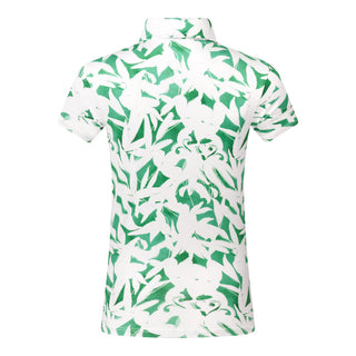 The Pure Golf Amity product shot showcases the back of the short-sleeve ladies' golf polo shirt, featuring a botanical print in emerald green and white. This regular-fit polo shirt offers a 4-way stretch for comfort and a flattering fit on all body types. With its traditional collar, it delivers a classic and stylish look. The shirt is designed to be anti-crease, anti-static, and quick-drying, with UPF 50+ protection. Made from 95% Polyester and 5% Spandex, it ensures both performance and style.