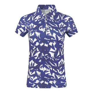 The Pure Golf Amity product shot shows the front of the short sleeve ladies' golf polo shirt, featuring a botanical print in Navy and white paired with Navy golf shorts. This regular-fit polo shirt offers a 4-way stretch for comfort and a flattering fit on all body types. With its traditional collar, it delivers a classic and stylish look. The shirt is designed to be anti-crease, anti-static, and quick-drying, with UPF 50+ protection. Made from 95% Polyester and 5% Spandex. 