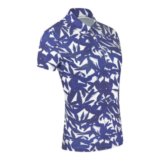 The Pure Golf Amity product shot showcases the short sleeve ladies' golf polo shirt, featuring a botanical print in Navy and white. This regular-fit polo shirt offers a 4-way stretch for comfort and a flattering fit on all body types. With its traditional collar, it delivers a classic and stylish look. The shirt is designed to be anti-crease, anti-static, and quick-drying, with UPF 50+ protection. Made from 95% Polyester and 5% Spandex, it ensures both performance and style.