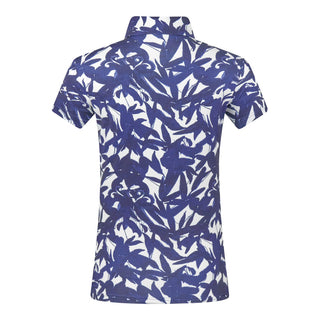 The Pure Golf Amity product shot showcases the back of the short-sleeve ladies' golf polo shirt, featuring a botanical print in Navy and White. This regular-fit polo shirt offers a 4-way stretch for comfort and a flattering fit on all body types. With its traditional collar, it delivers a classic and stylish look. The shirt is designed to be anti-crease, anti-static, and quick-drying, with UPF 50+ protection. Made from 95% Polyester and 5% Spandex, it ensures both performance and style.