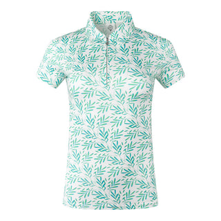 The Pure Golf front product shot showcases the Amity short sleeve ladies golf polo shirt in Floating Palms White, boasting a striking all-over botanical print in our Ocean Colour on a crisp white background. This regular-fit polo shirt offers a 4-way stretch for comfort and a flattering fit on all body types. With its traditional collar, it delivers a classic look. The shirt is designed to be anti-crease, anti-static, and quick-drying, with UPF 50+, 95% Polyester and 5% Spandex. 