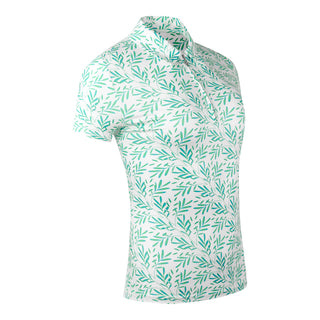 The side view product shot of the Pure Golf Amity Short Sleeve Ladies' Golf Polo Shirt in Floating Palms White highlights a striking botanical print in Ocean against a crisp white background. This regular-fit polo offers a 4-way stretch for comfort and a flattering fit for all body types. The traditional collar adds a classic touch. Designed to be anti-crease, anti-static, and quick-drying, the shirt also provides UPF 50+ sun protection, made from 95% Polyester and 5% Spandex.