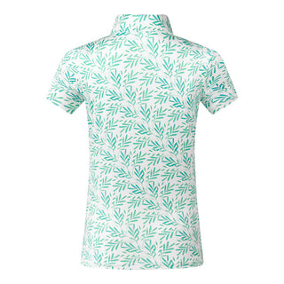 The product shot shows the back view of the Pure Golf Amity Short Sleeve Ladies' Golf Polo Shirt in Floating Palms White features a striking botanical print in Ocean on a crisp white background. This regular-fit polo offers a 4-way stretch for comfort and a flattering fit for all body types. The traditional collar adds a classic touch. Designed to be anti-crease, anti-static, and quick-drying, the shirt also provides UPF 50+ sun protection, made from 95% Polyester and 5% Spandex.