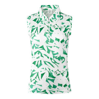 The Pure Golf Amity product shot features the sleeveless ladies' golf polo shirt with a botanical print in emerald green and white. Designed with a regular fit, it offers a 4-way stretch for comfort and a flattering silhouette on all body types. The polo boasts a traditional collar for a classic, stylish look. Made from 95% Polyester and 5% Spandex, the fabric is anti-crease, anti-static, quick-drying, and provides UPF 50+ sun protection.