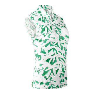 The side shot of the Pure Golf Amity product showcases the sleeveless ladies' golf polo shirt with a botanical print in emerald green and white. Designed with a regular fit, it features a 4-way stretch for comfort and a flattering silhouette on all body types. The polo is equipped with a traditional collar for a timeless, stylish look. Crafted from 95% Polyester and 5% Spandex, the fabric is anti-crease, anti-static, quick-drying, and offers UPF 50+ sun protection.