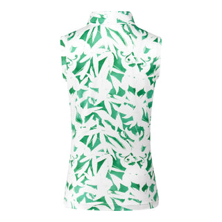 The Pure Golf Amity back view product shot of the sleeveless ladies golf polo shirt with botanical print in emerald green and white. It is a regular fit and has a 4 way stretch which ensures it is comfortable and flattering for all body types. It boasts a traditional collar for a classic and stylish look. The polo shirt is anti-crease, anti-static and quick dry with UPF 50+ which is and is 95% Polyester and 5% Spandex. Paired with Emerald Green Bermuda Shorts. 