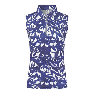 The Pure Golf Amity product shot showcases the sleeveless ladies' golf polo shirt, featuring a botanical print in Navy and white. This regular-fit polo shirt offers a 4-way stretch for comfort and a flattering fit on all body types. With its traditional collar, it delivers a classic and stylish look. The shirt is designed to be anti-crease, anti-static, and quick-drying, with UPF 50+ protection. Made from 95% Polyester and 5% Spandex, it ensures both performance and style.