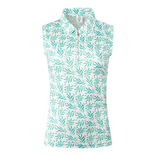 The Pure Golf Amity product shot features the Amity sleeveless ladies' golf polo in Floating Palms White, highlighted by a bold botanical print in Ocean Colour set against a clean white backdrop. This regular-fit polo shirt provides 4-way stretch for comfort and a flattering silhouette on all body types. Designed with a traditional collar, it exudes a timeless style. The shirt is crafted to be anti-crease, anti-static, and quick-drying, with UPF 50+ protection, and is made from 95% Polyester and 5% Spandex.