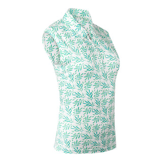 A side view product shot of the Pure Golf Amity Sleeveless Ladies' Golf Polo Shirt in Floating Palms White, showcasing a vibrant all-over botanical print in Ocean Colour against a crisp white backdrop. This regular-fit polo offers 4-way stretch for a flattering fit on all body types. Featuring a traditional collar, it delivers a classic, timeless look. Designed to be anti-crease, anti-static, and quick-drying, the shirt also offers UPF 50+ sun protection. Made from a blend of 95% Polyester and 5% Spandex.