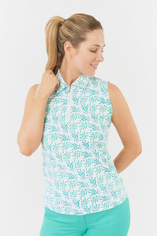 Front model shot of the Pure Golf Amity Sleeveless Ladies' Golf Polo Shirt in Floating Palms White, showcasing a striking all-over botanical print in Ocean Colour on a crisp white background. This regular-fit polo offers a 4-way stretch for a flattering fit for all body types. With its traditional collar, it exudes a classic look. Designed to be anti-crease, anti-static, and quick-drying, the shirt also provides UPF 50+ sun protection, crafted from 95% Polyester and 5% Spandex.