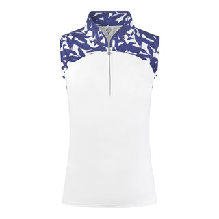 The Pure Golf Freda product shot features the sleeveless ladies' golf polo shirt, with a botanical print in navy and white across the shoulders, sides, and mandarin collar, paired with a white body. This regular-fit polo shirt offers a 4-way stretch for comfort and a flattering fit on all body types. It is designed to be anti-crease, anti-static, and quick-drying, with UPF 50+ protection. Made from 95% Polyester and 5% Spandex.