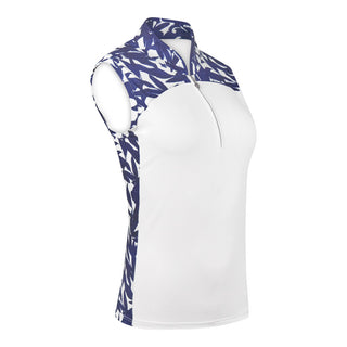 The Pure Golf Freda product shot features the sleeveless ladies' golf polo shirt, with a botanical print in navy and white across the shoulders, sides, and mandarin collar, paired with a white body. This regular-fit polo shirt offers a 4-way stretch for comfort and a flattering fit on all body types. It is designed to be anti-crease, anti-static, and quick-drying, with UPF 50+ protection. Made from 95% Polyester and 5% Spandex.