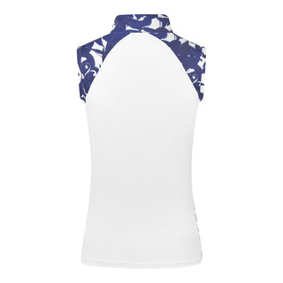 The Pure Golf Freda back view product shot showcases the sleeveless ladies' golf polo shirt, featuring a botanical print in navy and white across the shoulders, sides, and mandarin collar, with a white body. This regular-fit polo offers a 4-way stretch for comfort and a flattering fit on all body types. Designed to be anti-crease, anti-static, and quick-drying, it also provides UPF 50+ protection. Made from 95% Polyester and 5% Spandex.