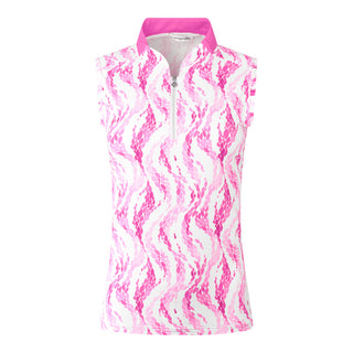 The Pure Golf Felicity product shot of the sleeveless ladies golf polo shirt with layers of gentle pink feathers in a delicate print. A regular fit with 4-way stretch ensuring it is comfortable and flattering for all body types. It boasts a sweetheart collar for a stylish look. The polo shirt is anti-crease, anti-static and quick dry with UPF 50+ which is and is 95% Polyester and 5% Spandex.