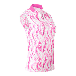 The Pure Golf Felicity product shot features the sleeveless ladies' golf polo shirt, adorned with layers of soft pink feathers in a delicate print. With a regular fit and 4-way stretch, it offers both comfort and a flattering fit for all body types. The polo shirt is designed with a sweetheart collar for a stylish touch. It is anti-crease, anti-static, quick-drying, and provides UPF 50+ sun protection. Made from 95% Polyester and 5% Spandex.