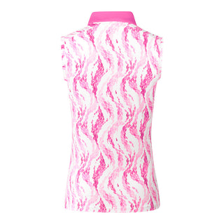 The Pure Golf Felicity product shot showcases the sleeveless ladies golf polo shirt with layers of gentle pink feathers in a delicate print. A regular fit with 4-way stretch ensuring it is comfortable and flattering for all body types. It boasts a sweetheart collar for a stylish look. The polo shirt is anti-crease, anti-static and quick dry with UPF 50+ which is and is 95% Polyester and 5% Spandex.