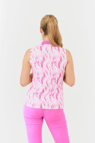 The Pure Golf Felicity product shot showcases the back of the sleeveless ladies golf polo shirt with layers of gentle pink feathers in a delicate print. A regular fit with 4-way stretch ensuring it is comfortable and flattering for all body types. It boasts a sweetheart collar for a stylish look. The polo shirt is anti-crease, anti-static and quick dry with UPF 50+ which is and is 95% Polyester and 5% Spandex.