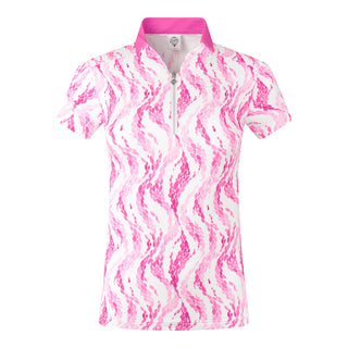 The Pure Golf Felicity short-sleeve ladies' polo shirt product shot features a front view showcasing delicate layers of pink and white feathers. Designed with a regular fit, it offers a 4-way stretch for comfort and a flattering shape on all body types. The stylish sweetheart collar adds a fashionable touch. This polo is made from 95% Polyester and 5% Spandex, offering anti-crease, anti-static, and quick-dry properties, along with UPF 50+ sun protection.