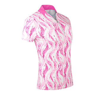 The Pure Golf Felicity short-sleeve ladies' polo shirt, captured from a slight side angle, highlights the delicate layers of pink and white feathers. Designed for a regular fit, it features a 4-way stretch for comfort and a flattering silhouette on all body types. The chic sweetheart collar enhances its fashionable appeal. Crafted from 95% Polyester and 5% Spandex, this polo is anti-crease, anti-static, and quick-drying, while also providing UPF 50+ sun protection