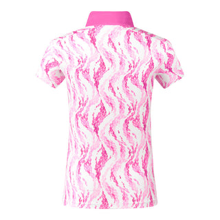 The Pure Golf Felicity short-sleeve ladies' polo shirt, captured from the back, highlights the delicate layers of pink and white feathers. Designed for a regular fit, it features a 4-way stretch for comfort and a flattering silhouette on all body types. The chic sweetheart collar enhances its fashionable appeal. Crafted from 95% Polyester and 5% Spandex, this polo is anti-crease, anti-static, and quick-drying, while also providing UPF 50+ sun protection